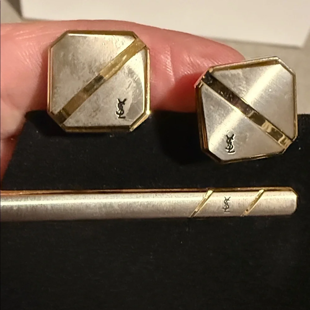 YSL Authentic Silver and Gold Cufflinks with Tie Clip